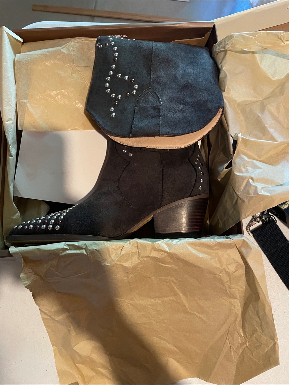 Studded Black Suede Knee-High Heeled Boots - Picture 12 of 12